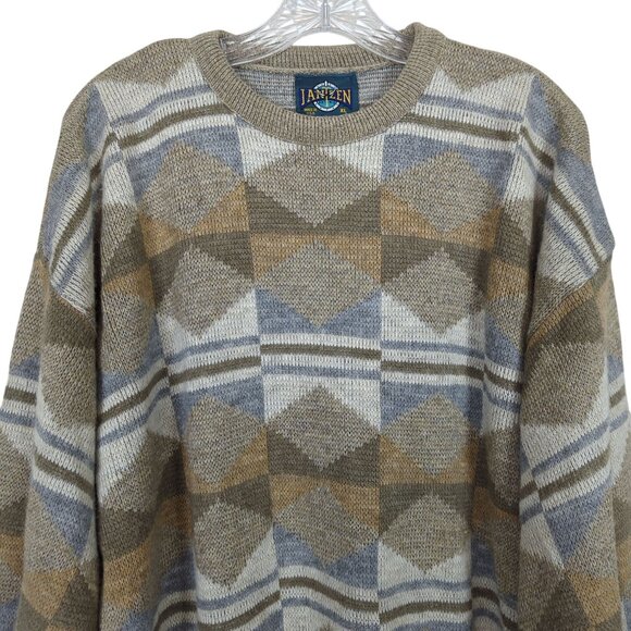 Vintage Janzen Sweater XL Brown Gray Sweater Geometric Diamond Pattern Knit - Picture 3 of 15